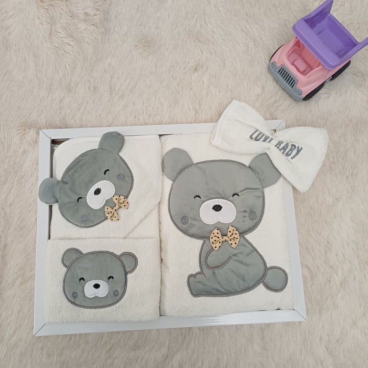 ست سیسمونی نوزادی پسرانه 4 تیکه طرح خرس رنگ توسی با جعبه مارک lovi baby