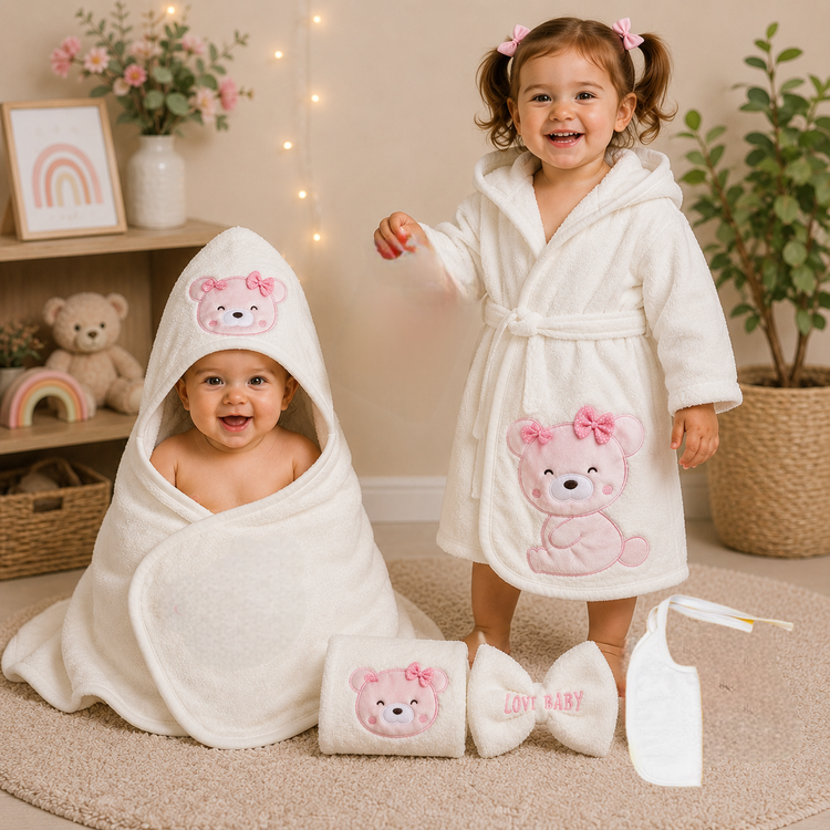 ست سیسمونی نوزادی دخترانه 6 تیکه طرح خرس پاپیون دار رنگ صورتی با بسته بندی فانتزی مارک lovi baby