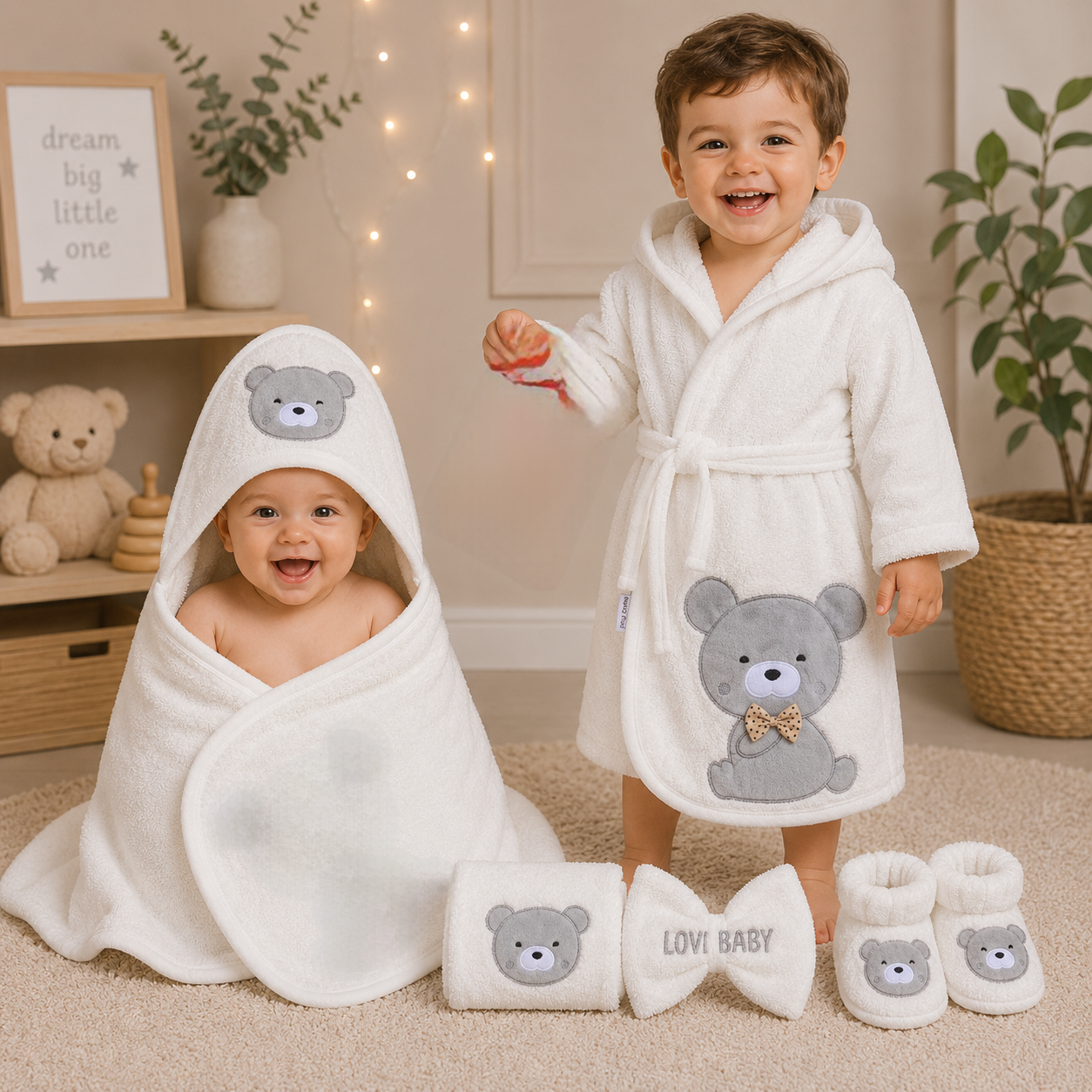 ست سیسمونی نوزادی پسرانه   6 تیکه طرح خرس پاپیون دار رنگ توسی  با بسته بندی فانتزی مارک lovi baby