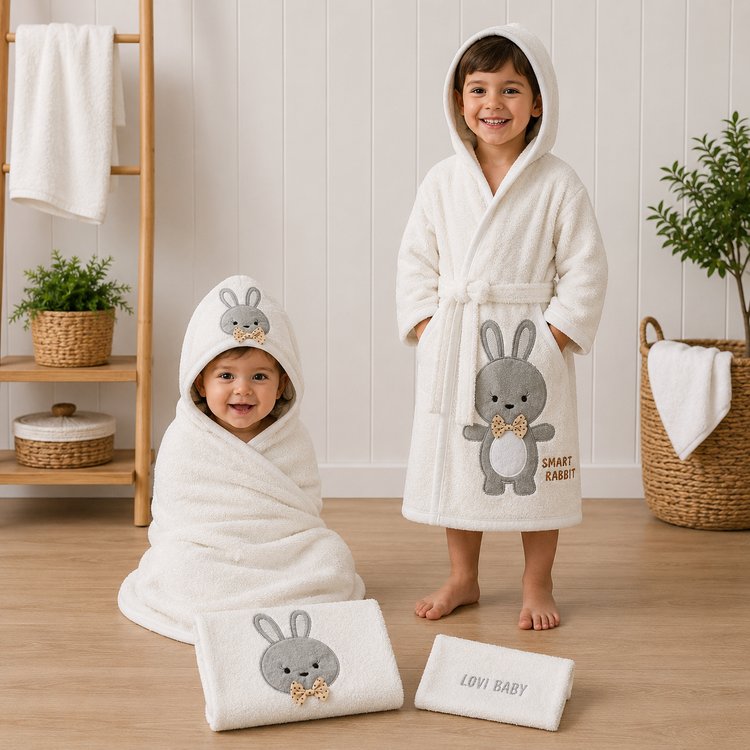 ست سیسمونی نوزادی پسرانه 4 تیکه طرح خرگوش رنگ توسی با جعبه مارک lovi baby