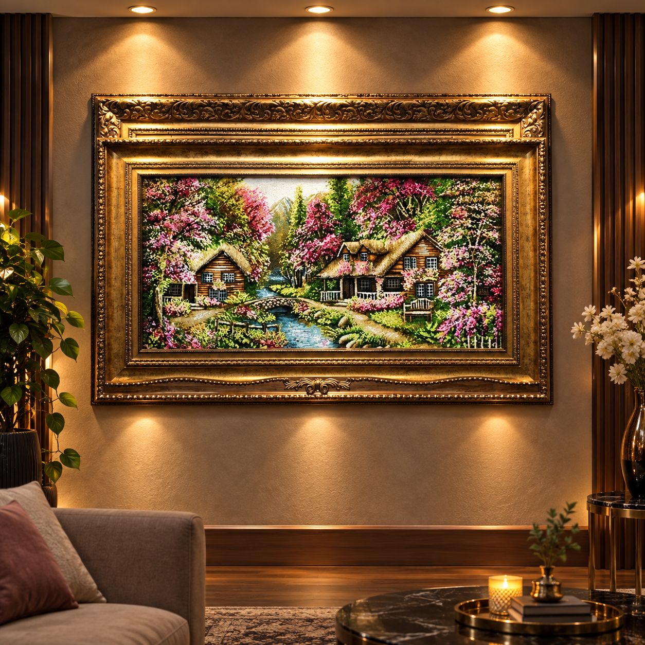 تابلو فرش دستبافت طبیعت طرح دو کلبه بهاری چله نخ رج 40 گل برجسته و ابریشم شده 95 در 50